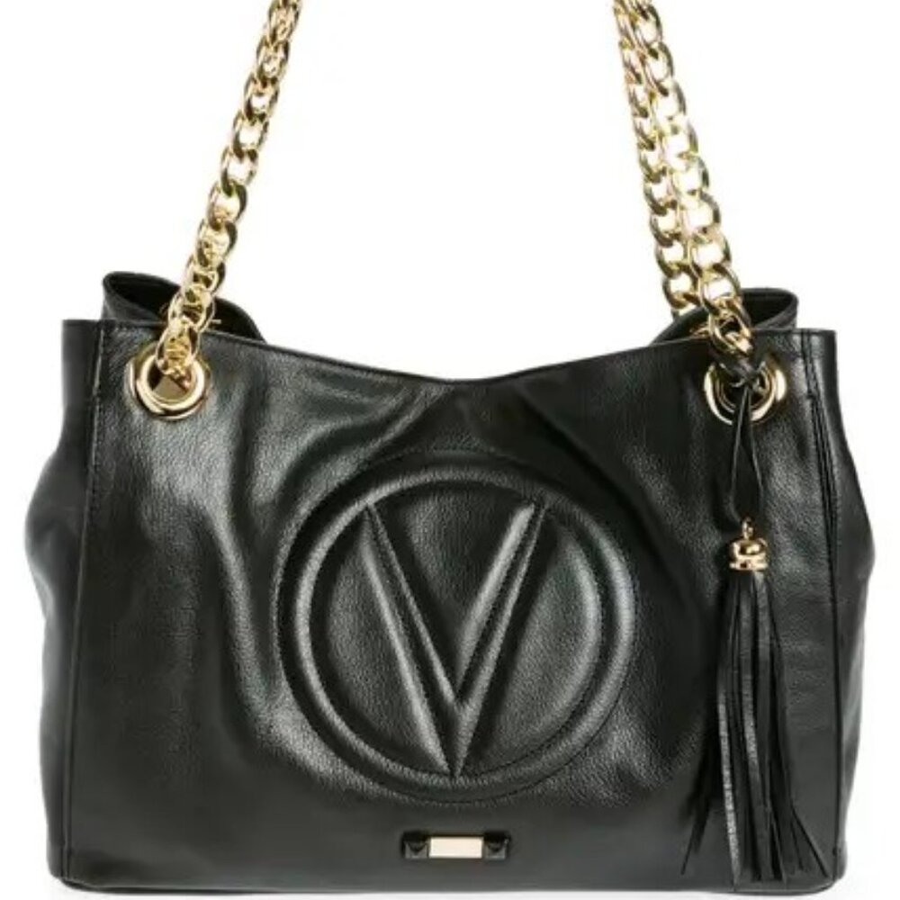 Valentino Black Leather Shoulder Bag with Gold Chain